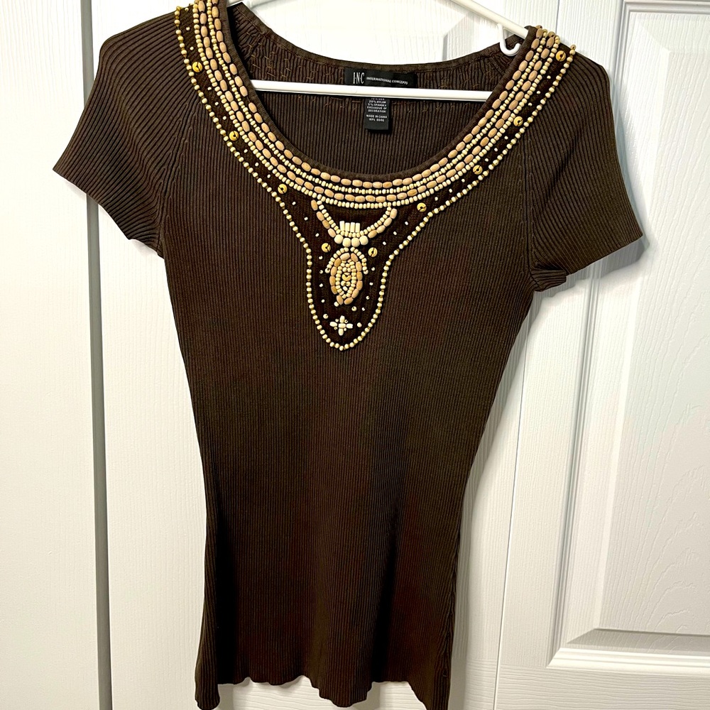 WOMENS BROWN BEADED SHIRT